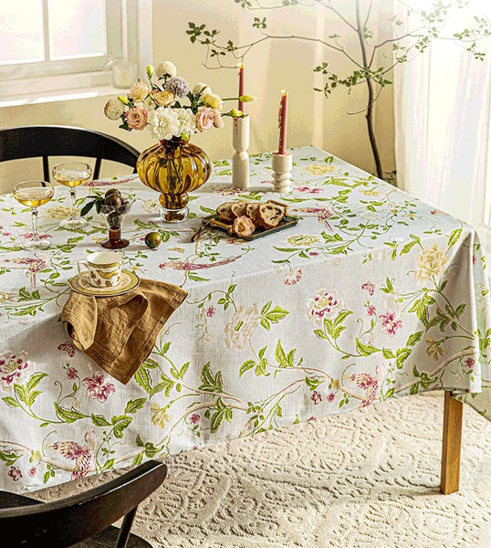 Singing Bird Tablecloth for Round Table, Kitchen Table Cover, Flower Table Cover for Dining Room Table, Modern Rectangle Tablecloth Ideas for Oval Table-Paintingforhome