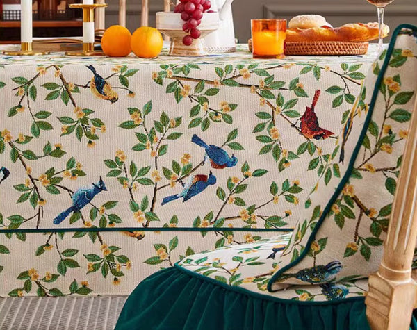 Bird Flower Pattern Farmhouse Table Cloth, Large Modern Rectangle Tablecloth for Dining Room Table, Square Tablecloth for Round Table-Paintingforhome