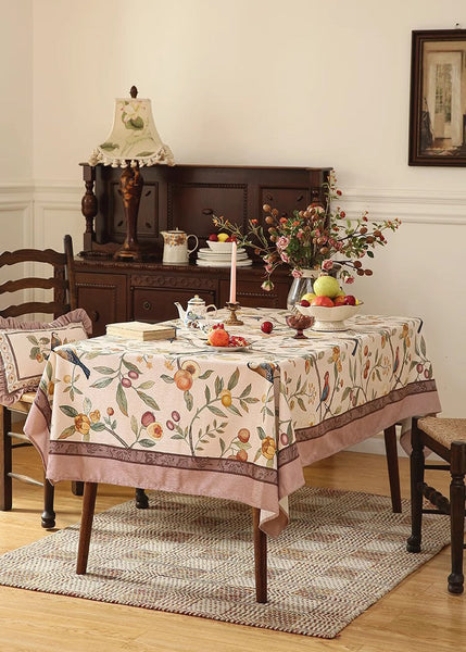 Tablecloth for Round Table, Simple Modern Rectangle Tablecloth Ideas for Oval Table, Bird and Fruit Tree Kitchen Table Cover, Linen Table Cover for Dining Room Table-Paintingforhome