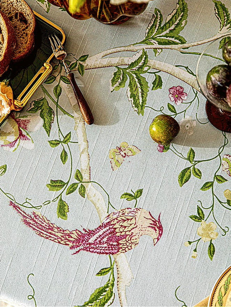 Singing Bird Tablecloth for Round Table, Kitchen Table Cover, Flower Table Cover for Dining Room Table, Modern Rectangle Tablecloth Ideas for Oval Table-Paintingforhome