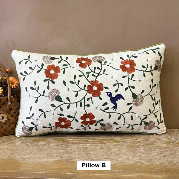 Bird Spring Flower Decorative Throw Pillows, Farmhouse Sofa Decorative Pillows, Embroider Flower Cotton Pillow Covers, Flower Decorative Throw Pillows for Couch-Paintingforhome