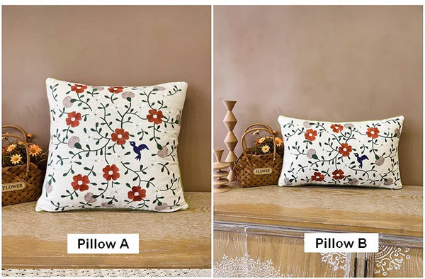 Bird Spring Flower Decorative Throw Pillows, Farmhouse Sofa Decorative Pillows, Embroider Flower Cotton Pillow Covers, Flower Decorative Throw Pillows for Couch-Paintingforhome