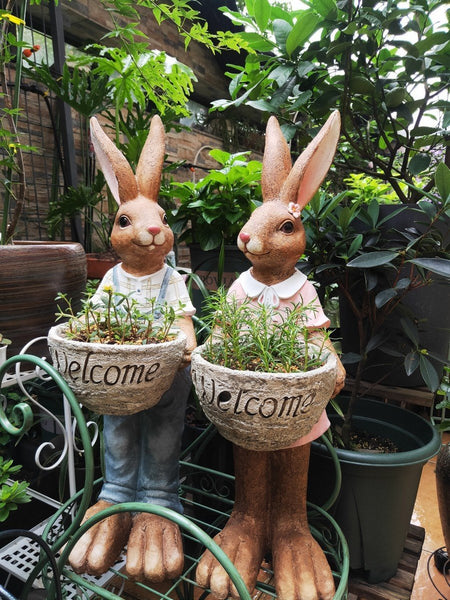Garden Courtyard Ornament Ideas, Large Rabbit Lovers Statue for Garden, Bunny Flowerpot, Villa Outdoor Decor Gardening Ideas, Small Garden Design Ideas-Paintingforhome
