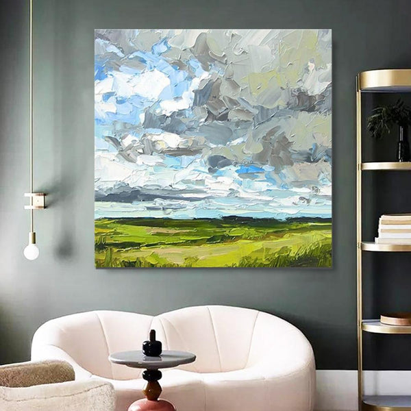 Abstract Landscape Painting, Grass Land under Sky Painting, Large Acrylic Paintings for Bedroom, Heavy Texture Canvas Art, Landscape Paintings for Living Room-Paintingforhome