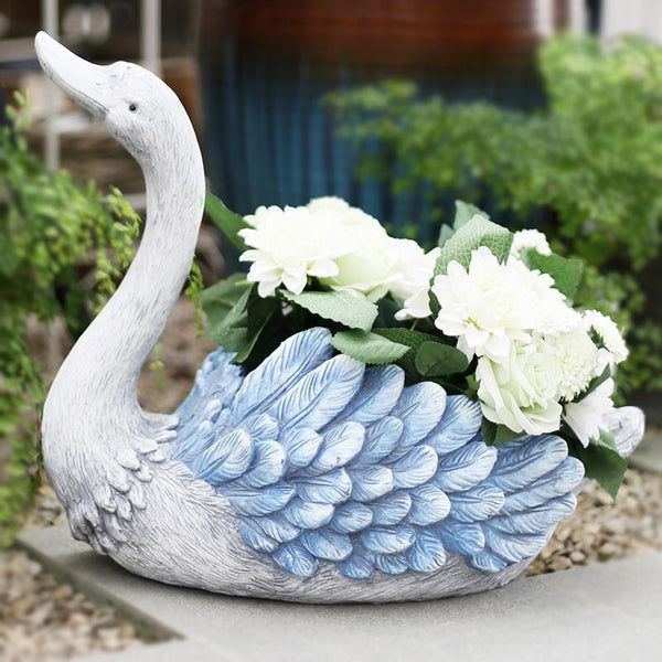 Outdoor Decoration Ideas, Garden Ideas, Blue Wing Swan Flower Pot, Animal Statue for Garden Ornament, Swan Lovers Statues, Villa Courtyard Decor-Paintingforhome