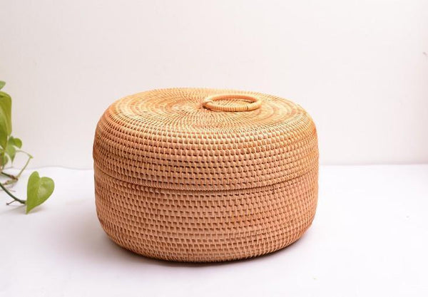 Woven Storage Basket with Lid, Lovely Rattan Basket for Kitchen, Storage Basket for Dining Room, Woven Round Baskets-Paintingforhome