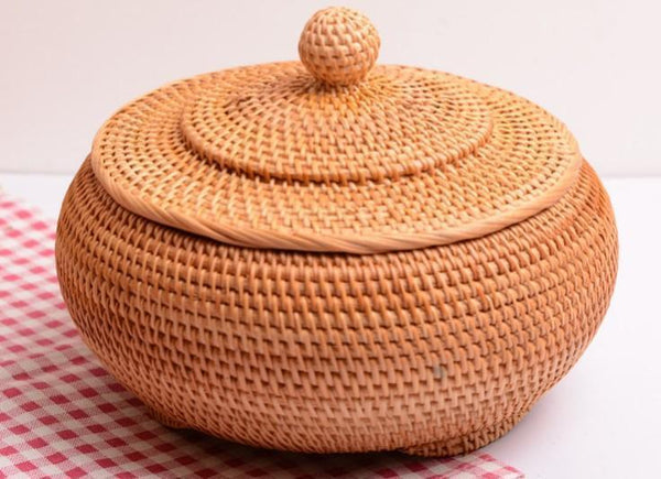 Round Storage Basket, Woven Storage Basket with Lid, Rattan Basket for Kitchen, Wicker Storage Basket-Paintingforhome