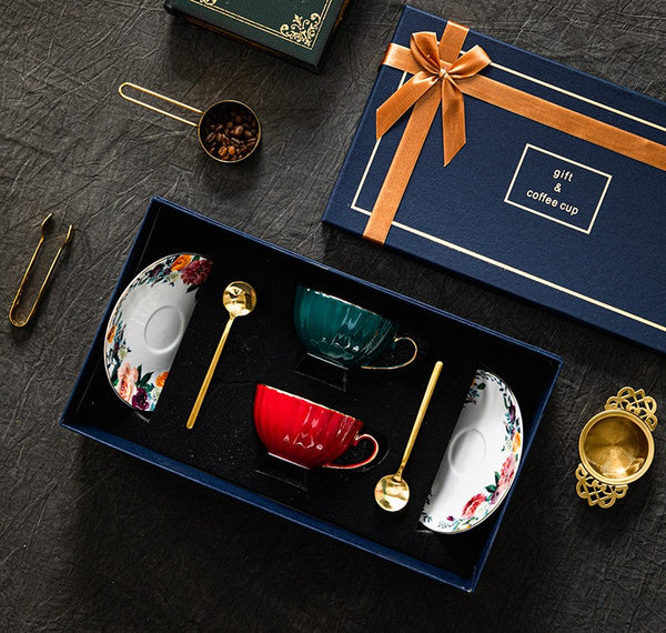 Beautiful British Tea Cups, Creative Bone China Porcelain Tea Cup Set, Elegant Ceramic Coffee Cups, Unique Tea Cups and Saucers in Gift Box-Paintingforhome