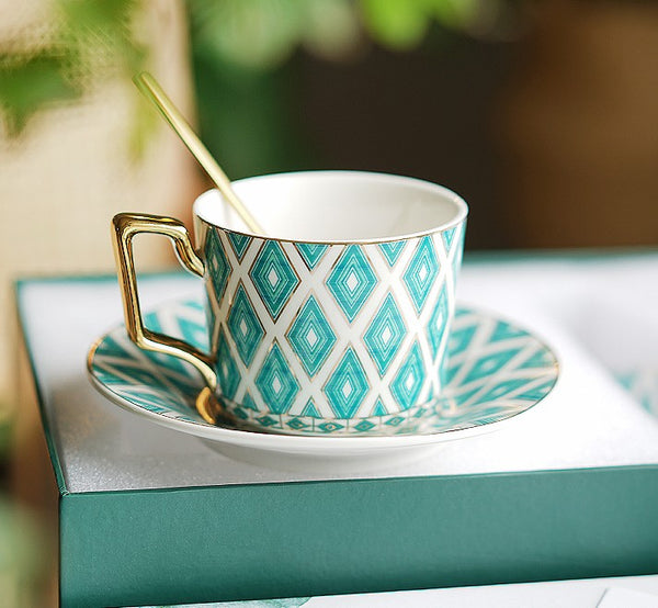 Afternoon Green British Tea Cups, Unique Ceramic Coffee Cups, Creative Bone China Porcelain Tea Cup Set, Traditional English Tea Cups and Saucers-Paintingforhome
