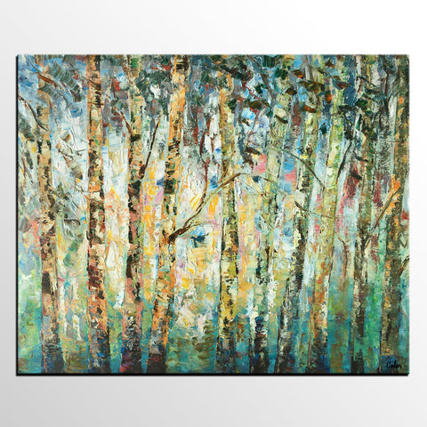 Abstract Landscape Painting, Birch Tree Painting, Bedroom Wall Art Paintings, Simple Modern Art, Custom Landscape Painting for Bedroom-Paintingforhome