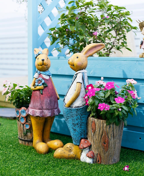 Large Rabbit Statues, Rabbit Flowerpots, Animal Statue for Garden Ornament, Villa Courtyard Decor, Outdoor Decoration, Garden Decor Ideas-Paintingforhome