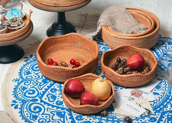 Woven Round Storage Basket, Rattan Storage Basket, Fruit Basket, Storage Baskets for Kitchen-Paintingforhome