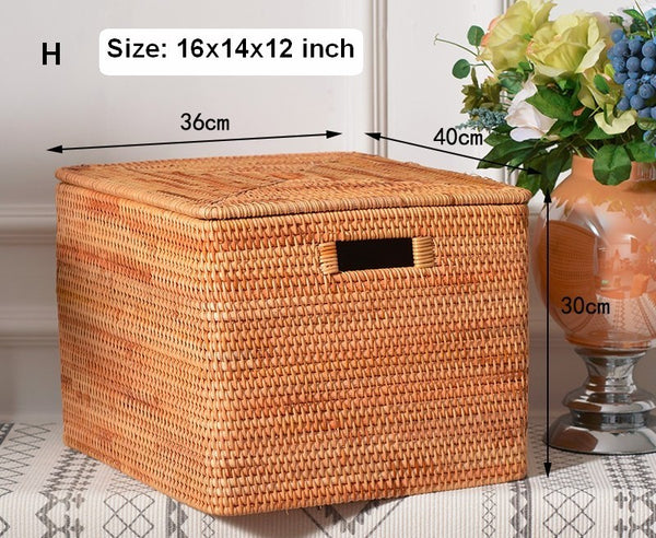 Rectangular Storage Basket with Lid, Rattan Storage Baskets for Clothes, Kitchen Storage Baskets, Oversized Storage Baskets for Living Room-Paintingforhome