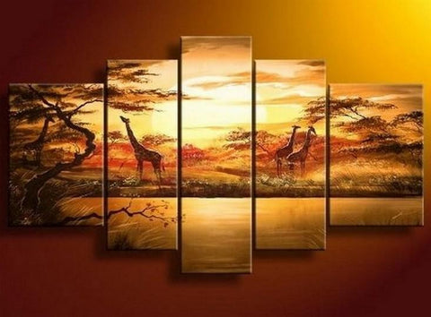 African Painting, Sunset Painting, Canvas Painting, Wall Art, Large Art, Abstract Painting, Living Room Art, 5 Piece Wall Art-Paintingforhome