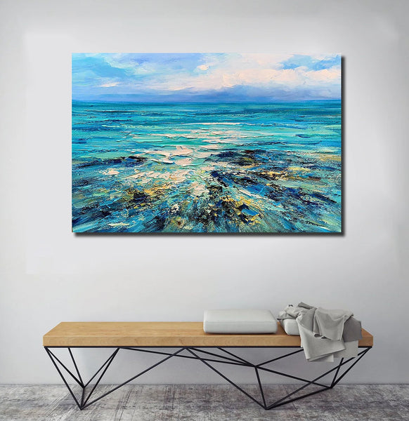 Abstract Landscape Paintings, Blue Sea Wave Painting, Landscape Canvas Paintings, Seascape Painting, Acrylic Paintings for Living Room, Hand Painted Canvas Art-Paintingforhome