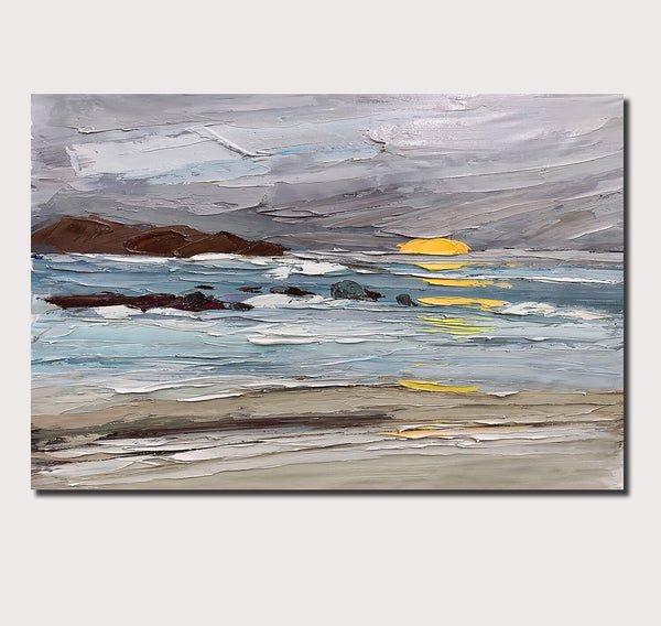 Abstract Landscape Paintings, Landscape Canvas Paintings, Seashore Sunrise Painting, Acrylic Paintings for Living Room, Large Simple Modern Art-Paintingforhome
