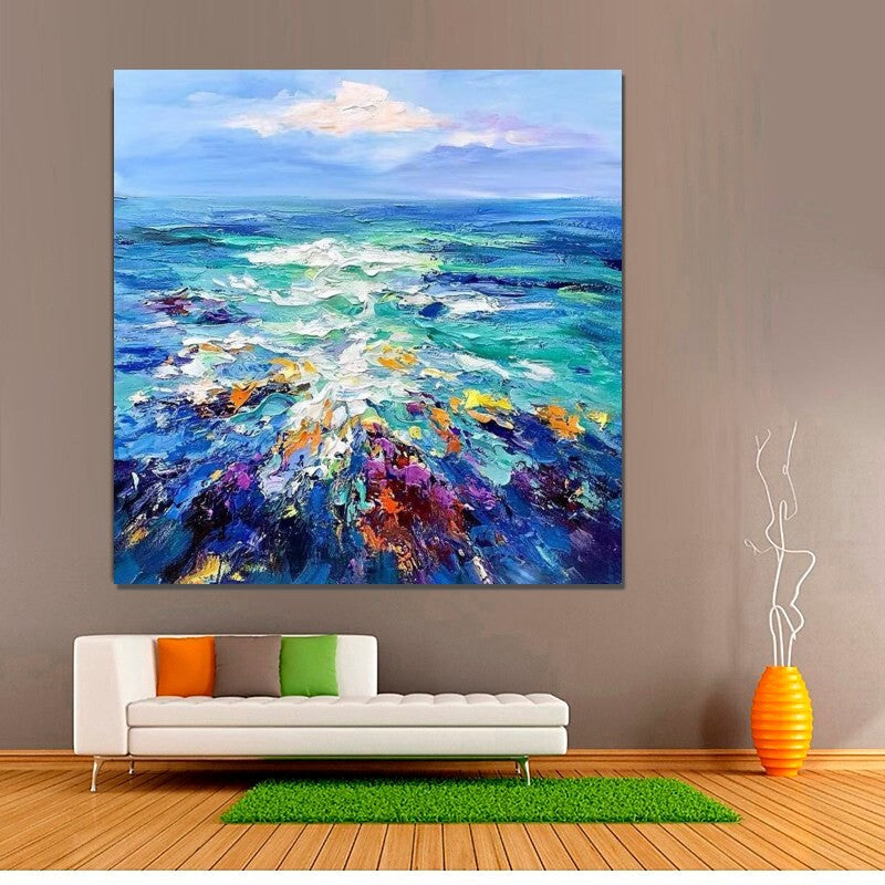 Original Acrylic Painting on Canvas Lovely Seascape and Roses Wall Decor