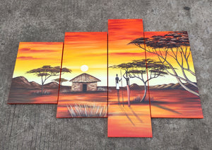 Painting Samples of Abstract Art, 4 Piece Canvas Painting, African Woman Village Sunset Painting, Buy Art Online