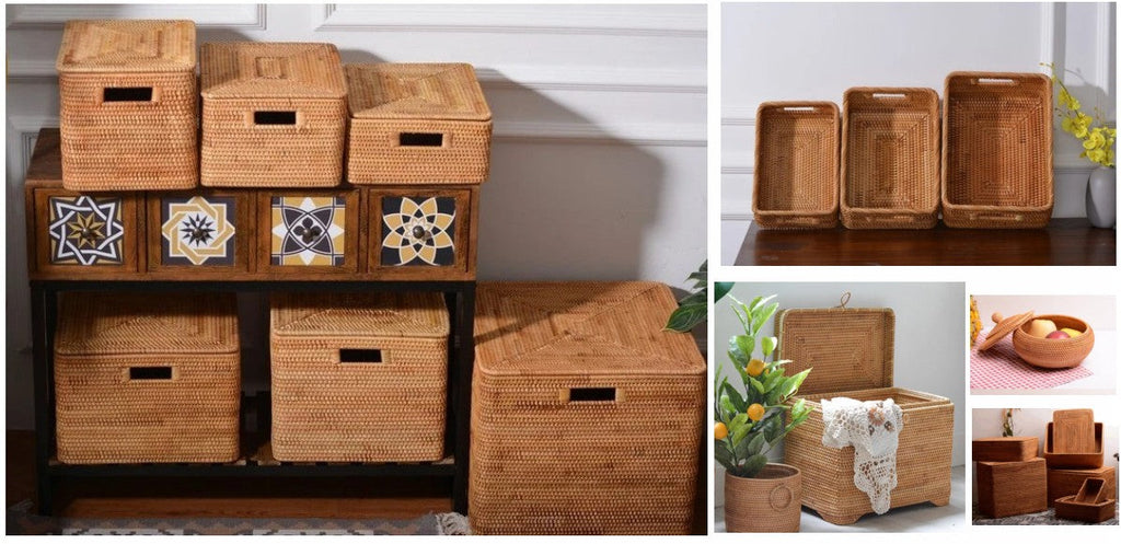 Storage Basket for Shelves, Decorative Baskets for Shelves, Rectangular Storage Baskets for Shelves, Rattan Storage Containers, Wicker Storage Baskets