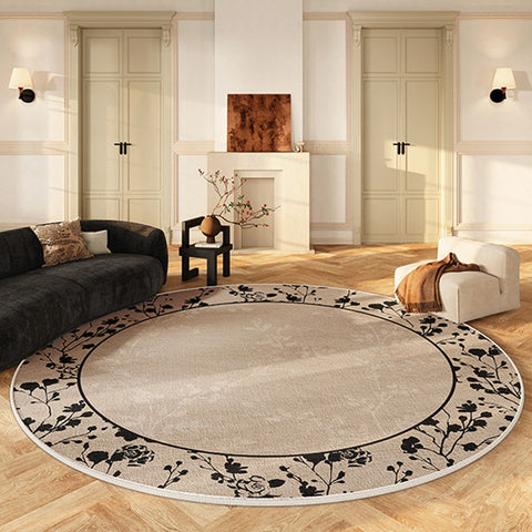 Flower Pattern Round Carpets under Coffee Table, Contemporary Round Rugs for Dining Room, Circular Modern Rugs for Living Room, Modern Area Rugs for Bedroom-Paintingforhome