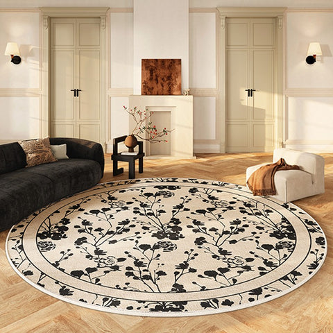 Modern Area Rugs for Bedroom, Flower Pattern Round Carpets under Coffee Table, Circular Modern Rugs for Living Room, Contemporary Round Rugs for Dining Room-Paintingforhome