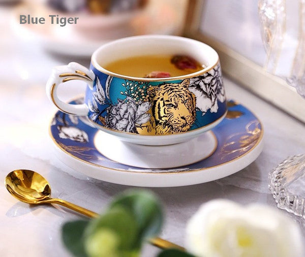 Unique Ceramic Cups with Gold Trim and Gift Box, Creative Ceramic Tea Cup and Saucer, Jungle Tiger Cheetah Porcelain Coffee Cups-Paintingforhome