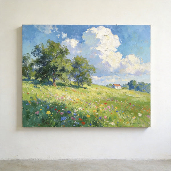Original Landscape Paintings, Wildflower Hillside Under Soft Clouds, Buy Original Artwork Online, Hand Painted Canvas Art, Small Canvas Wall Art Paintings-Paintingforhome