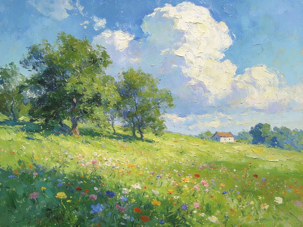 Original Landscape Paintings, Wildflower Hillside Under Soft Clouds, Buy Original Artwork Online, Hand Painted Canvas Art, Small Canvas Wall Art Paintings-Paintingforhome