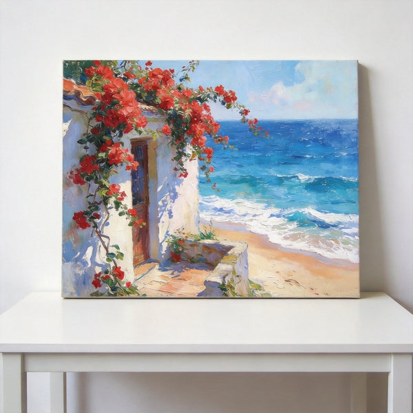 Buy Original Oil Paintings Online, Bougainvillea by the Turquoise Shore, Original Small Paintings, Seashore Beach Painting, Hand Painted Canvas Art, Small Canvas Wall Art Paintings-Paintingforhome