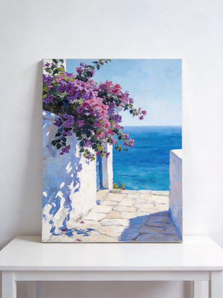 Original Landscape Paintings, Blooming Purple Bougainvillea and the Azure Mediterranean, Hand Painted Canvas Art, Small Canvas Wall Art Paintings, Original Oil Paintings-Paintingforhome