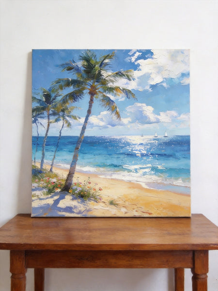 Hand Painted Canvas Art, Sunlit Palm Shore with Sails, Seashore Beach Painting, Small Canvas Artwork, Original Landscape Paintings, Buy Small Paintings Online-Paintingforhome