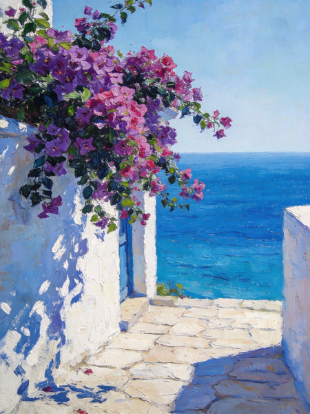 Original Landscape Paintings, Blooming Purple Bougainvillea and the Azure Mediterranean, Hand Painted Canvas Art, Small Canvas Wall Art Paintings, Original Oil Paintings-Paintingforhome