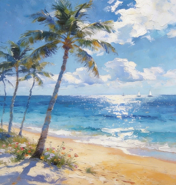 Hand Painted Canvas Art, Sunlit Palm Shore with Sails, Seashore Beach Painting, Small Canvas Artwork, Original Landscape Paintings, Buy Small Paintings Online-Paintingforhome