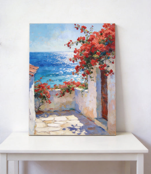 Crimson Blooms and Azure Mediterranean, Hand Painted Canvas Art, Original Landscape Paintings, Small Canvas Wall Art Paintings, Original Oil Paintings-Paintingforhome