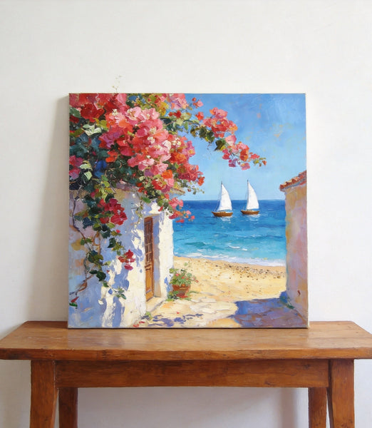Blooming Bougainvillea and the Azure Mediterranean, Hand Painted Canvas Art, Seashore Beach Paintings, Original Oil Paintings, Buy Small Artwork Online-Paintingforhome