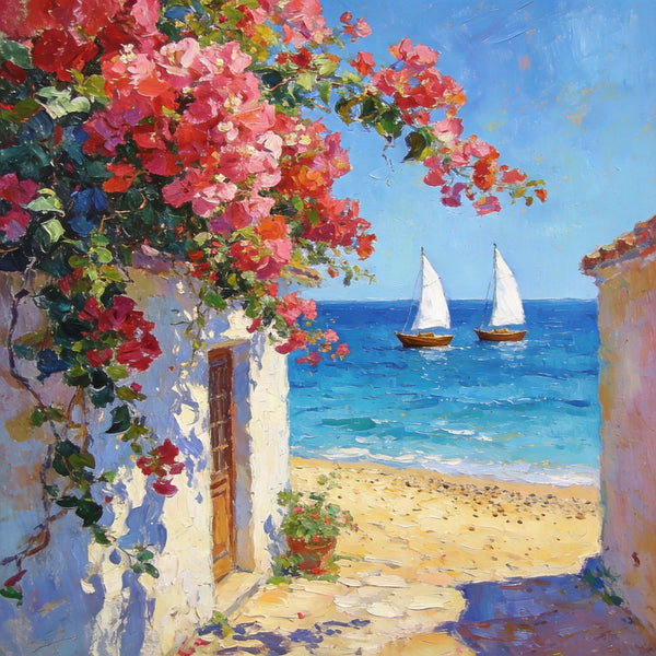 Blooming Bougainvillea and the Azure Mediterranean, Hand Painted Canvas Art, Seashore Beach Paintings, Original Oil Paintings, Buy Small Artwork Online-Paintingforhome