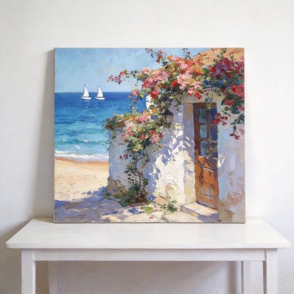 Hand Painted Canvas Art, Blooming Bougainvillea and the Azure Mediterranean, Seashore Beach Paintings, Original Oil Paintings, Buy Small Artwork Online-Paintingforhome