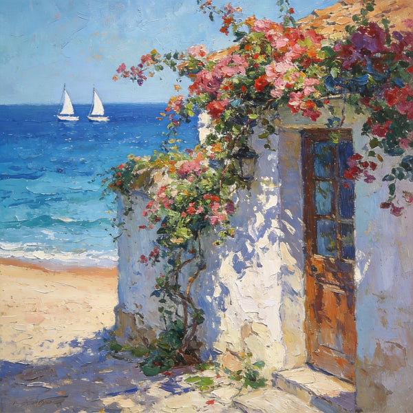 Hand Painted Canvas Art, Blooming Bougainvillea and the Azure Mediterranean, Seashore Beach Paintings, Original Oil Paintings, Buy Small Artwork Online-Paintingforhome