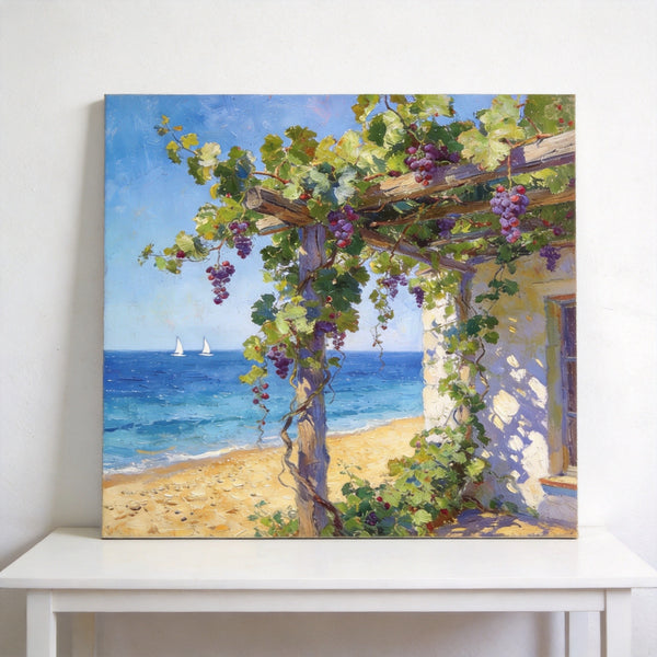 Hand Painted Canvas Art, Summer Glow on the Vine-Covered Terrace, Seashore Beach Paintings, Original Oil Paintings, Buy Small Artwork Online-Paintingforhome