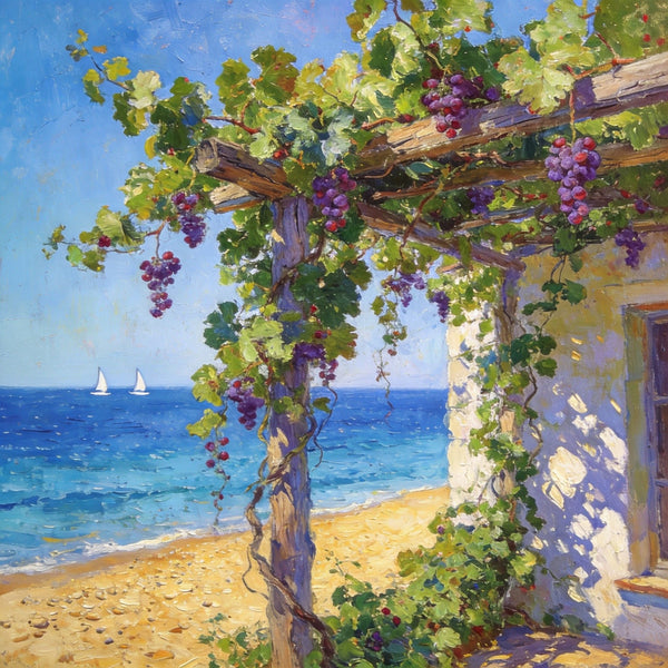 Hand Painted Canvas Art, Summer Glow on the Vine-Covered Terrace, Seashore Beach Paintings, Original Oil Paintings, Buy Small Artwork Online-Paintingforhome
