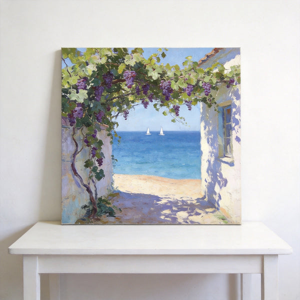 Summer Glow on the Vine-Covered Terrace, Seashore Beach Paintings, Hand Painted Canvas Art, Original Oil Paintings, Buy Small Artwork Online-Paintingforhome