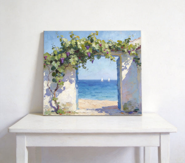 Original Small Paintings, Seaside Cottage Under the Grape Canopy, Hand Painted Canvas Art, Small Canvas Wall Art Paintings, Original Oil Paintings-Paintingforhome