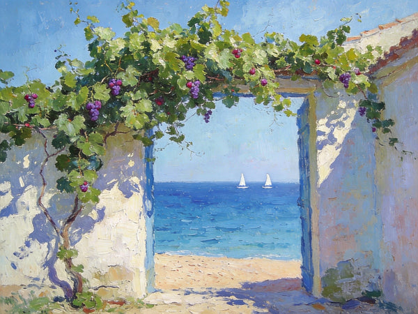 Original Small Paintings, Seaside Cottage Under the Grape Canopy, Hand Painted Canvas Art, Small Canvas Wall Art Paintings, Original Oil Paintings-Paintingforhome