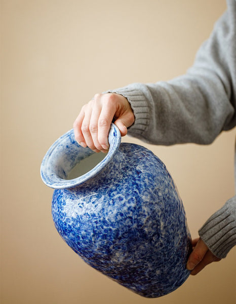 Handmade Water Holding Flower Vases, Centerpiece on Dining Table, Blue Pottery Bud Vases, Large Flower Vases on Table, Modern Pottery Flower Vases-Paintingforhome