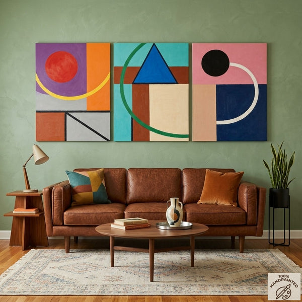 Abstract Geometric Contemporary Artwork, Modern Paintings for Mid Century Living Room, Multi Panel Canvas Art