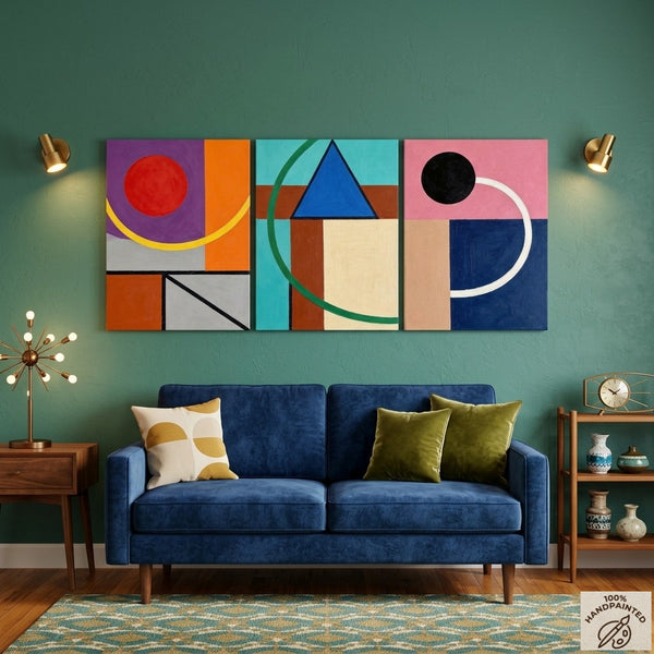 Abstract Geometric Contemporary Artwork, Modern Paintings for Mid Century Living Room, Multi Panel Canvas Art
