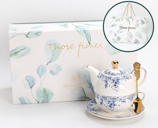 Mother and Baby Teapot with Matching Saucer British Style Porcelain Teapot with Matching Cup and Saucer in Gift Box, Ceramic Tea Pot with Integrated Cup, Stackable Teapot and Cup Set-Paintingforhome