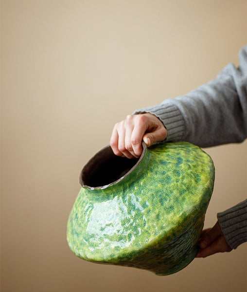 Modern Pottery Flower Vases, Handmade Water Holding Flower Vases, Pottery Bud Vases, Large Green Flower Vases on Table, Centerpiece on Dining Table-Paintingforhome