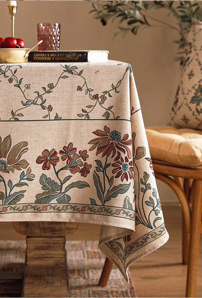 Farmhouse Table Cloth for Oval Table, Rustic Flower Pattern Linen Tablecloth for Kitchen Table, Modern Rectangle Tablecloth Ideas for Dining Room Table-Paintingforhome