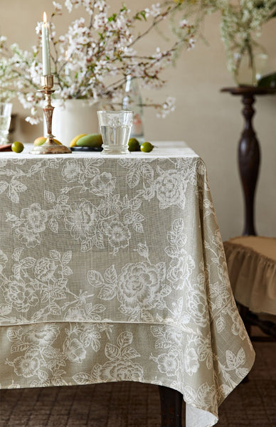 French Flower Pattern Tablecloth for Round Table, Vintage Rectangle Tablecloth for Dining Room Table, Rustic Farmhouse Table Cover for Kitchen-Paintingforhome